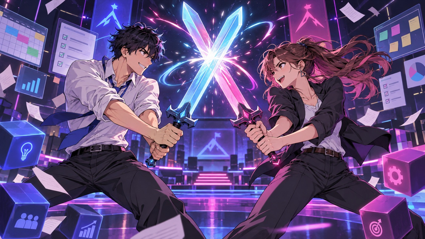 Two original anime-style office teammates symbolically clashing over different ideas