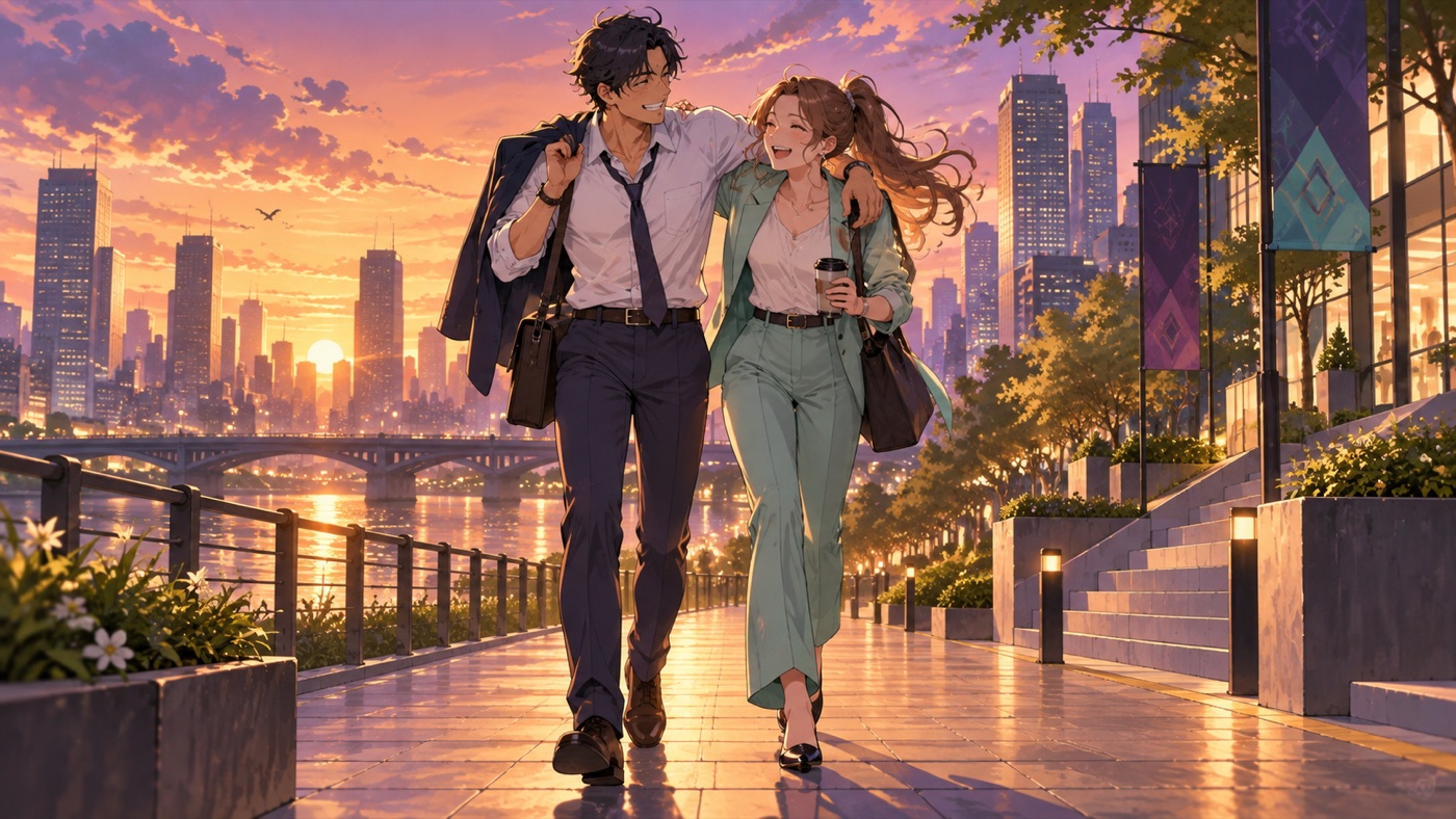 Two original anime-style office teammates walking together